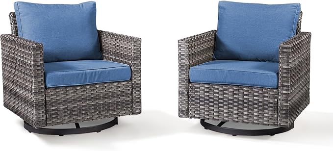 Wicker Swivel Rocker Patio Chairs-High Back Outdoor Swivel Chairs Set of 2 with Thickened Cushions Wide Armrest All Weather Patio Furniture Set for Deck Porch Balcony(Grey/Blue)