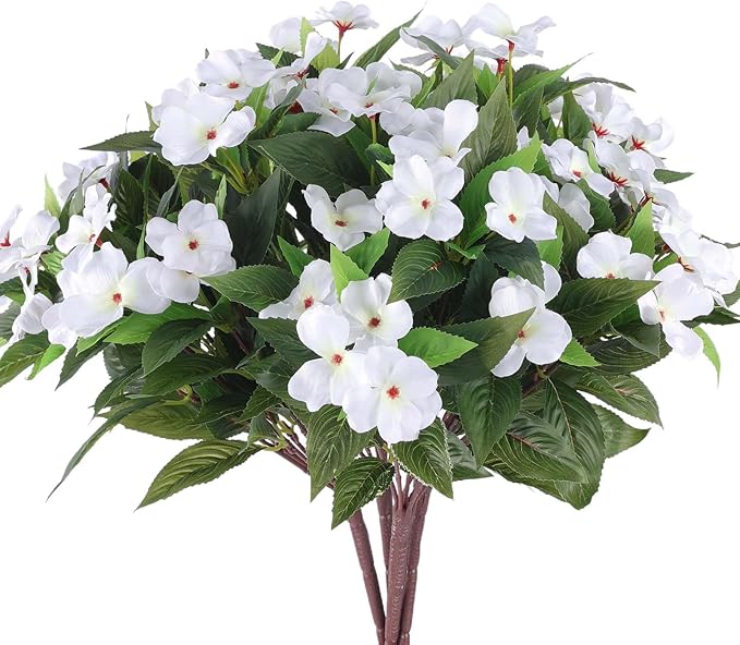Artificial Flowers for Outdoors Silk Impatiens Flowers Faux Flowers Impatien Bushes Artificial Impatiens for Pot Patio Lawn Garden Hanging Basket Porch Decor (8, White)