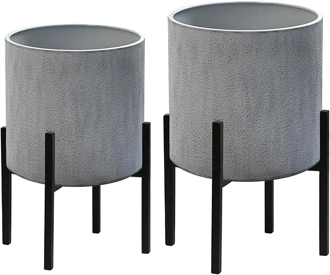 ARNIS Modern Plant Pots, Set of 2 Large Planters with Stand, Decorative Planters, Metal Pots with Drainage Holes for Living Room, Office, Garden or Balcony, 8.25 &10.5 Inch, Dark Cement Matte