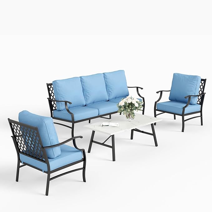 4 Piece Metal Outdoor Patio Furniture Sets, Patio Conversation Sets 1 3-seater Sofa, 2 Fixed Chair with 5.75" Extra Thick Cushion and Coffee Table, Black Frame Backyard Furniture, Blue