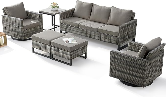 6 Pieces Patio Furniture Set-All Weather Outdoor Swivel Rocker Patio Chairs with Deep Seat Sofa Ottomans and Glass Side Table, Outdoor Conversation Sets for Garden Backyard Deck(Grey/Grey)