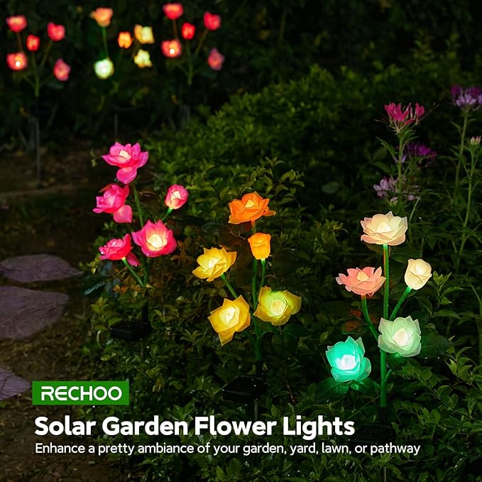 RECHOO Solar Garden Lights Outdoor Decorative, 3 Pack Solar Flower Lights with 15 Rose Flowers, Multi-Color Changing LED Waterproof Garden Decor for Patio Yard Pathway Decoration