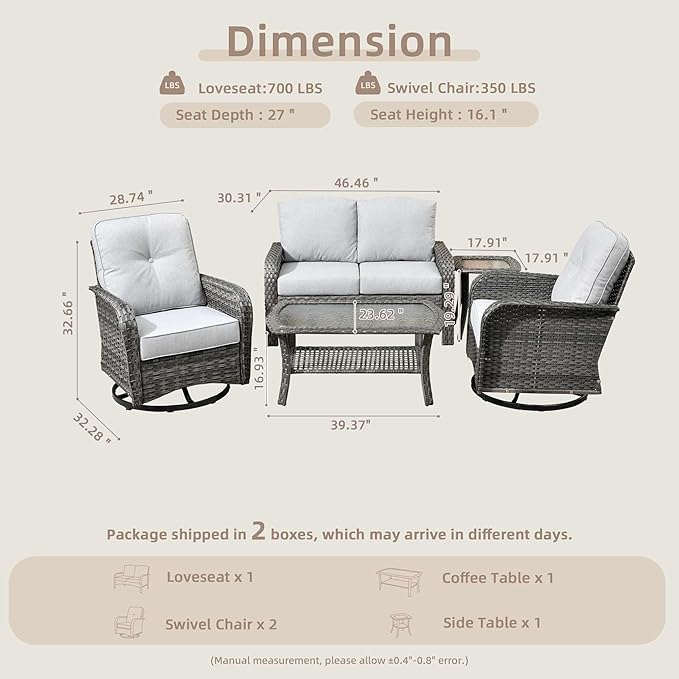 5 Pieces Patio Furniture Set,Outdoor Furniture with Rockers, Rattan Conversation Sets w/Coffee Table, Grey Wicker Light Grey Cushion