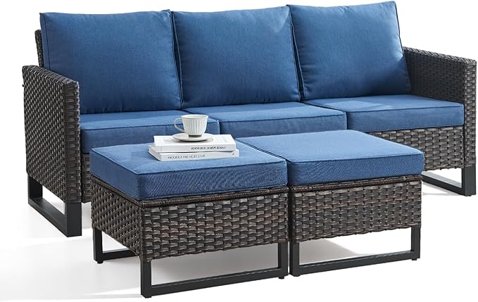3 Pieces Patio Furniture Sets-All Weather Outdoor Sectional Patio Sofa with Multifunctional Ottomans Thicken Cushion Patio Conversation Set for Deck Porch Balcony(Brown/Blue)