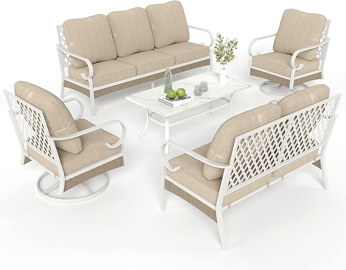 5 Piece Patio Furniture Set, 2 x Swivel Chair, 1 x 2-Seat Sofa, 1 x 3-Seat Sofa with Marbling Coffee Table, All Cushioned 7 Seats Outdoor Conversation Set for Lawn Garden Backyard, Beige