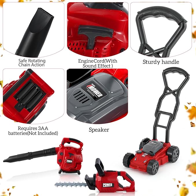 3 Pcs Toy Gardening Tool Set for Kids Toy Leaf Blower Hedge Trimmer Push Lawn Mower Pretend Play Set with Lights and Sounds Birthday for Boys Girls