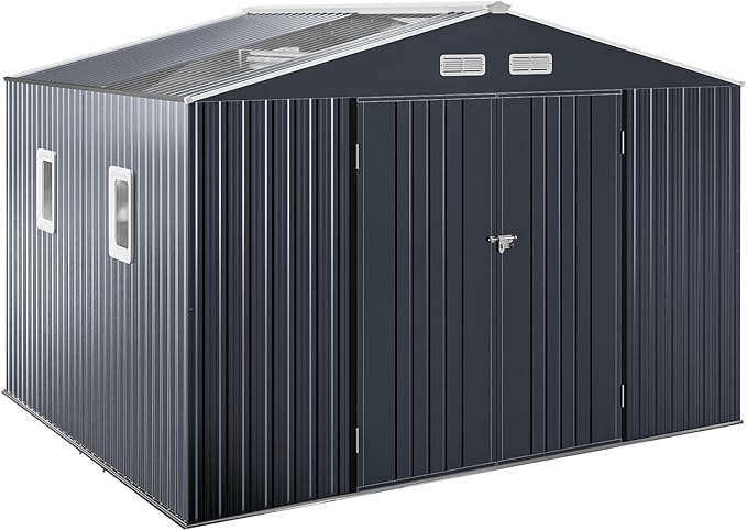 WACASA Metal Shed 10x10 with Floor Kit Sheds Outdoor Storage, Natural Lighting Tool Sheds with Translucent Roof Panels, Windows, Lockable Doors, Ideal for Garden, Backyard, and Patio