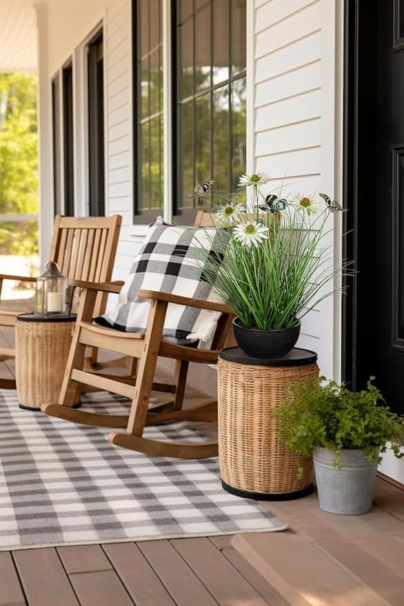 Artificial Plants Indoor with Pot, 17.3" Fake Potted Plants Artificial Onion Grass Plant with White Daisies Flowers and Butterflies Small Faux Plant Indoor for Home Living Room Table Shelf Decor