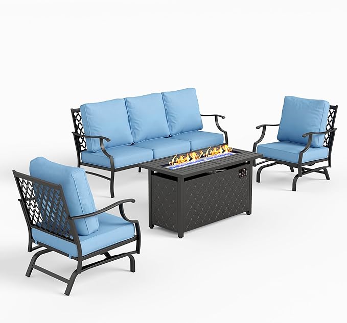 4 Piece Metal Outdoor Patio Furniture Set with 5000 BTU Firepit Table, Patio Conversation Sets 1 3-seater Sofa, 2 Rocking Chair with 5.75" Thick Cushion, Black Backyard Furniture, Blue