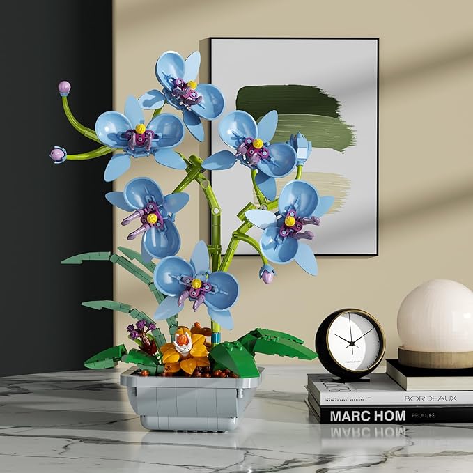 Blue Orchid Flowers Bouquet Building Set, Botanical Collection Artificial Plant for Home Décor, Ideal Gifts for Mother's Day, Anniversary, Birthday
