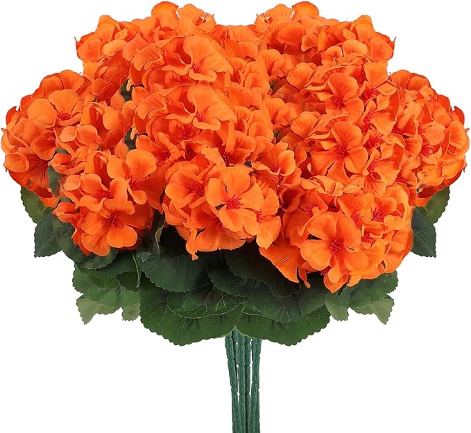 Hananona 6 Bundles Artificial Geranium Flowers for Outdoors Orange Silk Geranium Flowers Outdoor UV Resistant Plants Faux Fall Flower for Home Kitchen Autumn Table Centerpieces Decor (6, Orange)