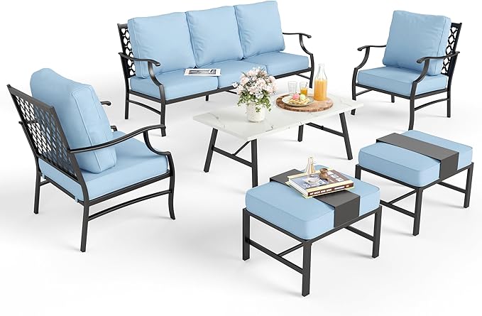 Patio Furniture Set 6 pcs, Outdoor Patio Furniture, 3-Seat Sofa, 2 Single Chairs, 2 Ottomans, Coffee Table and 5.75" Extra Thick Cushion, Patio Conversation Set for Garden Backyard Deck,Blue