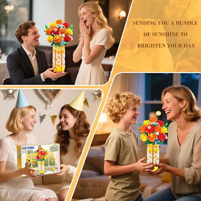 Flower Bouquet Building Set with Vase & LED Light, Yellow, Orange and Red Roses 3.6MM Mini Botanical Building Block Toys, Gifts for Friends, Artificial Flowers for Office Home Decor & Display