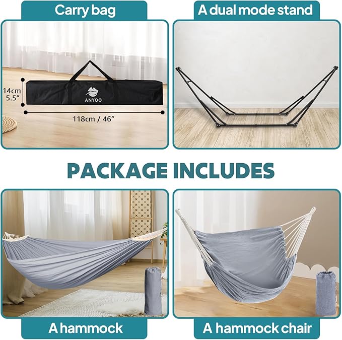 Anyoo 2 in 1 Hammock and Swinging Chair with Collapsible Steel Stand & Carrying Case,Portable & Adjustable,Easy Set Up for Outdoor,Indoor,Patio,Garden,Camping Trip