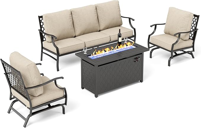 Patio Furniture Set with Firepit Table, 4 Piece Metal Outdoor Patio Furniture, 2 Rocking Chairs and 3 Seater Sofa with 5.75" Extra Thick Cushion and Gas Firepit Table for Backyard Deck