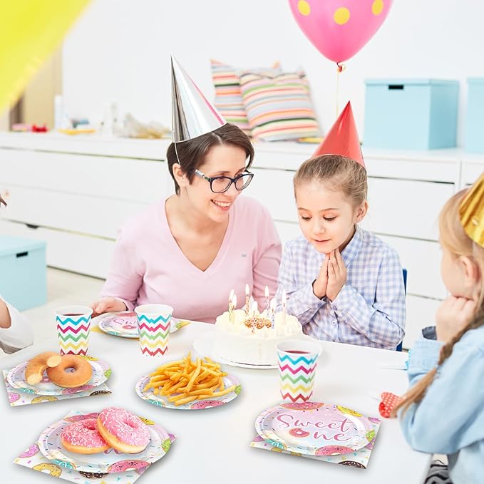 Sweet One 40Pcs Donut Party Supplies for 20 Guests - Paper Plates & Napkins for Girls' Birthday or Baby Shower Decorations
