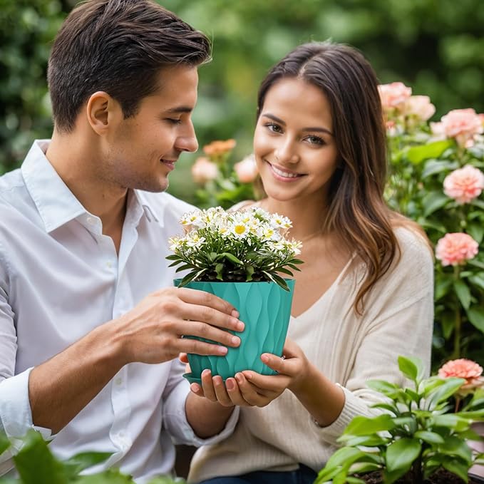 7 inch Plant Pots for Indoor Outdoor Plants, 5 Pack Thick Flower Pots with Drainage Holes and Saucers, 3D Modern Wave Texture Plastic Planter Pots for Nursery and House Plants, Blue Green