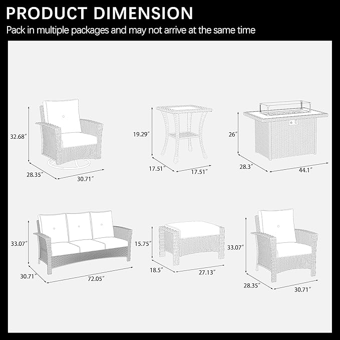 LayinSun 10 Piece Wicker Patio Furniture Set with Fire Pit Table, Classis Outdoor Conversation 360 Degree Swivel Chairs Set with Coffee Table