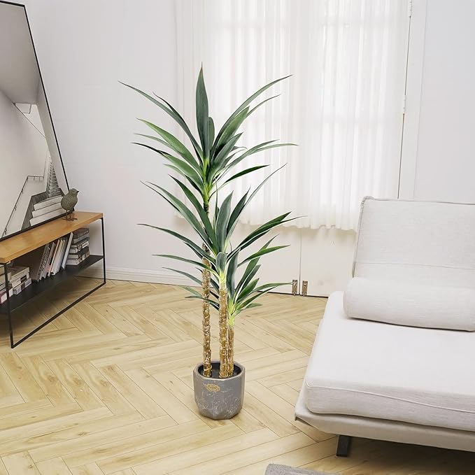 Artificial Tree 4.7Ft Faux Agave Plant with 3 Heads in Plastic Pot Fake Tree for Home Decor Indoor or Outdoor Office Decoration Housewarming Gift (4.7 Feet-2 Pack)