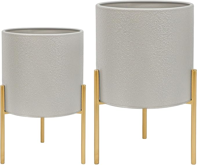 ARNIS Modern Planter Pots, Large Planters with Stand, Set of 2 Metal Planters for Plants with Drainage Holes for Living Room, Office, Garden or Balcony, 8.25 &10.5 Inch, Grey