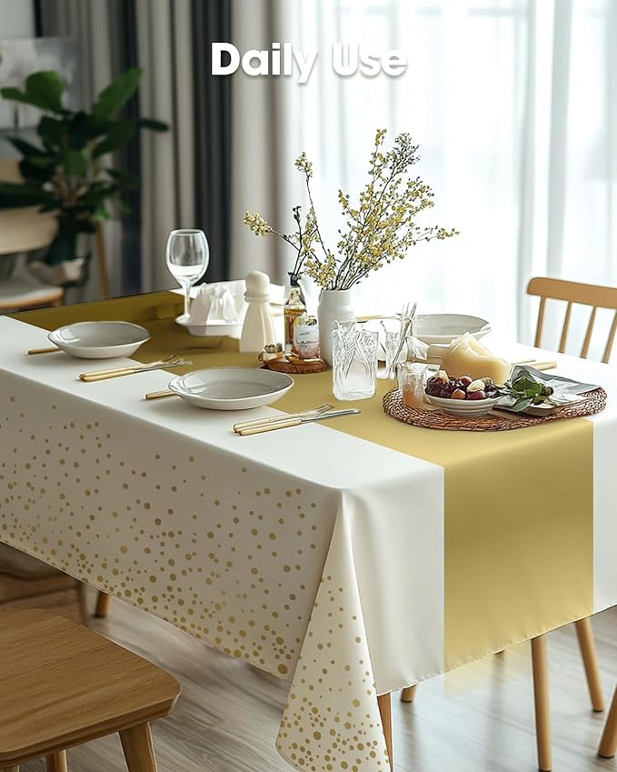 Pureegg Plastic Table Cloth Disposable 8 Pack, 54 x 108 Inch, Table Runner Style, Graduation Decorations 2025, Party Tablecloths, Rectangle, Plastic Cover, Leakproof & Sturdy, White Gold