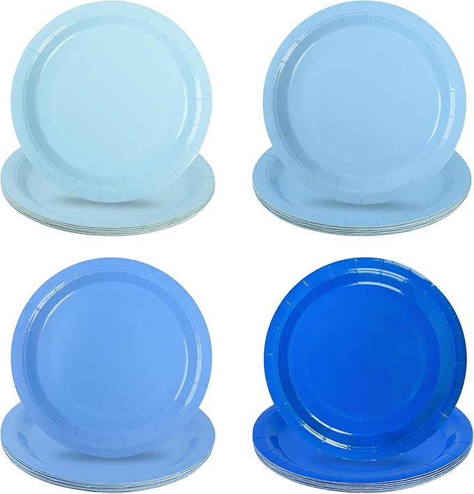 Blue Paper Plates Gradient Blue Party Plates 7”Disposable Round Dessert Plates for Birthday Wedding Bridal Baby Shower Hanukkah Party Supplies 4 Colors (24)