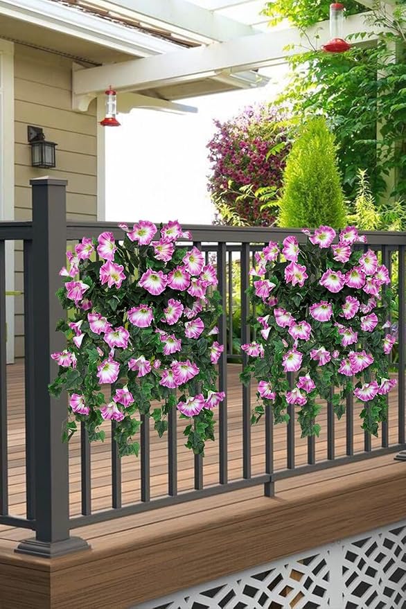 Artificial Fake Flowers Plants for Outdoor Decoration, 2PCS Faux Petunias Silk Plants UV Resistant Realistic Porch Garden Balcony Decor, Fake Flowers for Outdoor Planters Home Decor(Pure purple-red)