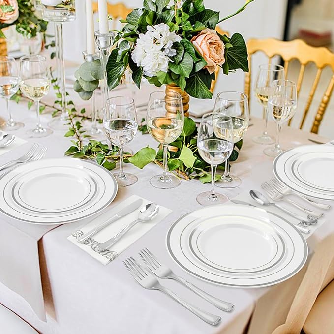 BESTVIP 400PCS Silver Plastic Silverware, Silver Disposable Utensils, Heavy Duty Cutlery Set of 200 Forks, 100 Spoons, 100 Knives for Christmas, Parties, Weddings, Catering and Daily Use