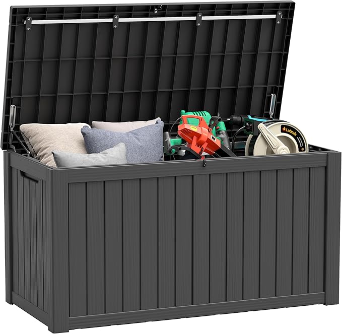151 Gallon Outdoor Storage Box,Resin Large Sturdy Deck Box, Backyard Outside Storage Box Waterproof with Double Wall Panels,Package Delivery Garden Outdoor Hose Storage Bin,Black
