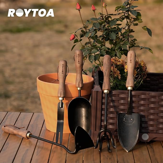 Garden Tool Set, 5PCS Gardening Tools, Stainless Steel Heavy Duty Hand Cultivator, Hoes, Shovel, Trowel and Weeder with Ergonomic Walnut Handle, Gardening Gifts for Women