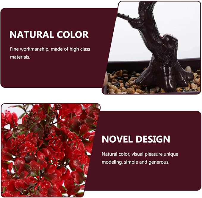 EXCEART Artificial Bonsai Plant Red Plastic Potted Decor for Desktop Wedding Table Centerpiece Home Office Decoration