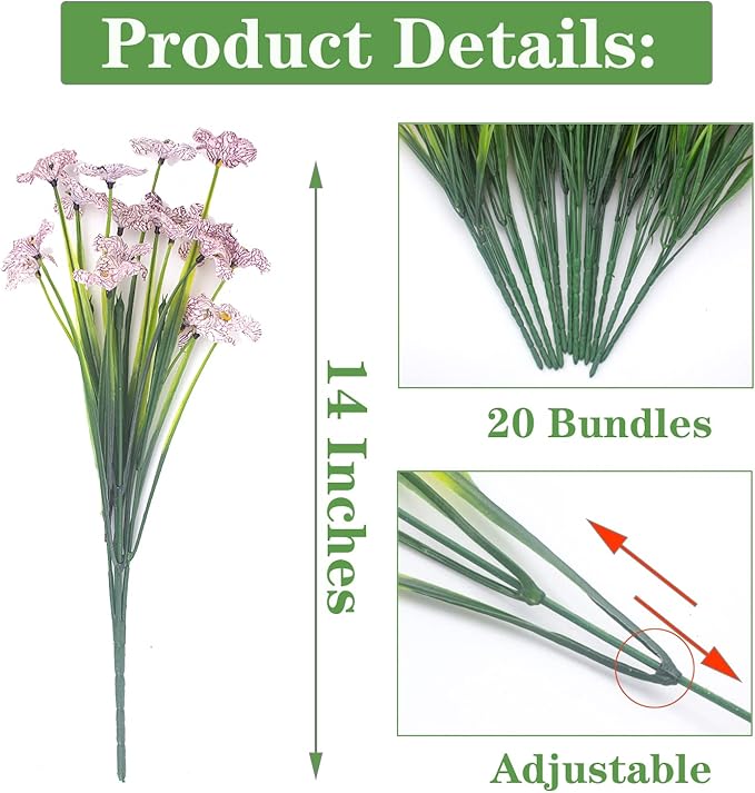 20 Bundles Artificial Flowers, Outdoor Indoor UV Resistant Fake Flowers No Fade Faux Plastic Plants Garden Porch Window Box Decoration
