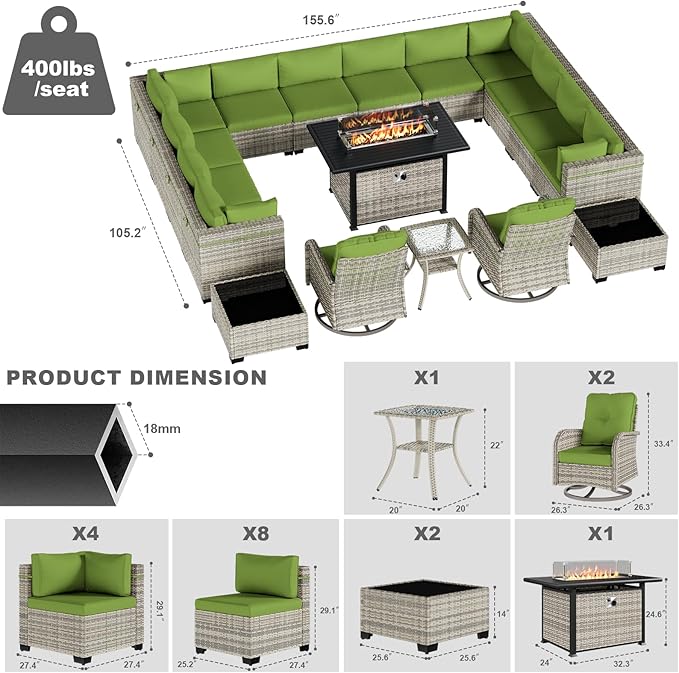 18-Piece Patio Furniture Set, Outdoor Patio Furniture with 55,000 BTU Fire Pit Table, Swivel Chairs Set, Thick Cushions, Modular Patio Sofa, Dual-Strand Wicker Rattan, Rust-Resistant Frame,Grass Green