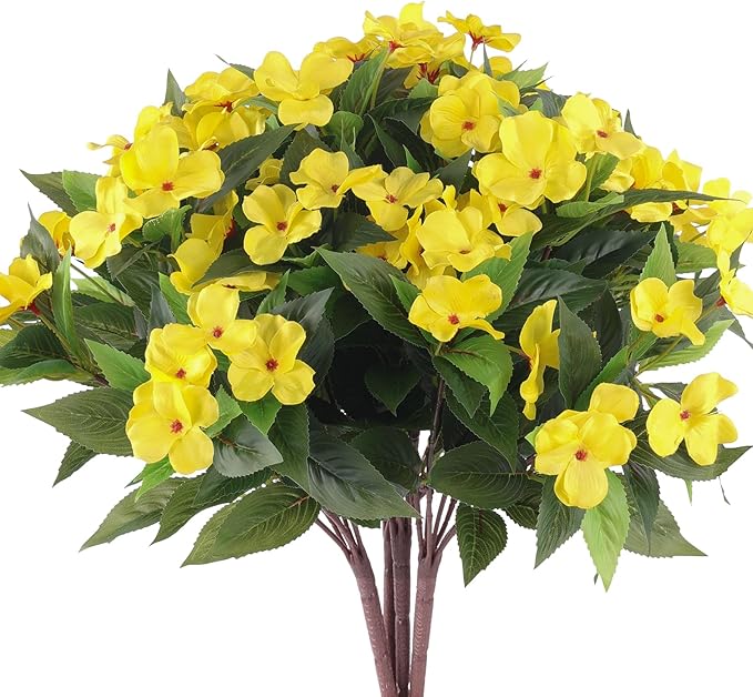 Artificial Flowers for Outdoors Silk Impatiens Flowers Faux Flowers Impatien Bushes Artificial Impatiens for Pot Patio Lawn Garden Hanging Basket Porch Decor (8, Yellow)