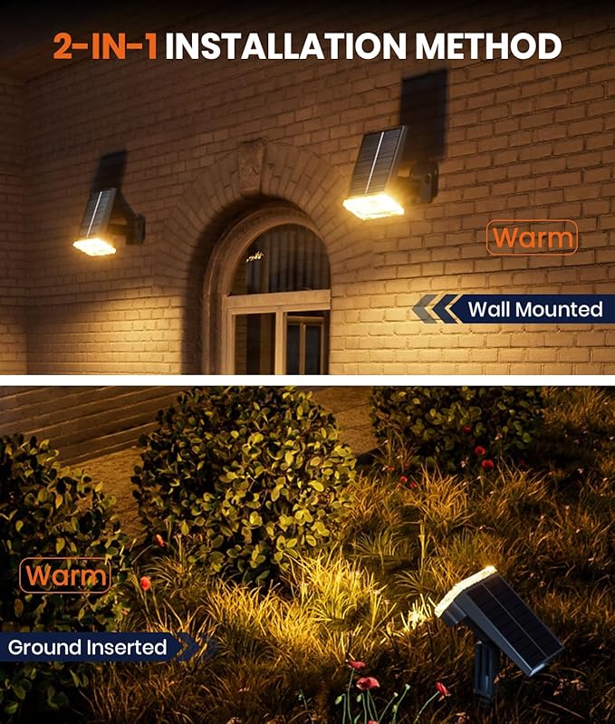 Solar Spotlights Outdoor Waterproof IP67,4 Pack Adjustable Wall&Ground Solar Lights Powered with 3 Colors, 3 Modes, Dusk to Dawn for Pathway/Garden/Yard/Patio/Driveway/Landscape Lighting Outside Decor