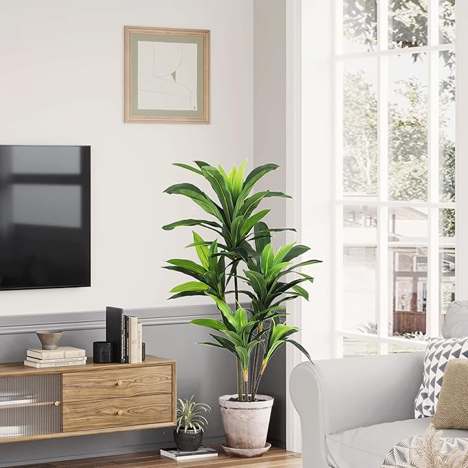 VIAGDO Dracaena Silk Plant Artificial 4ft Faux House Plants Evergreen Dracaena Marginata Fake Yucca Palm Trees in Pot Realistic Dragon Tree for Living Room Home Office Decor Indoor Outdoor