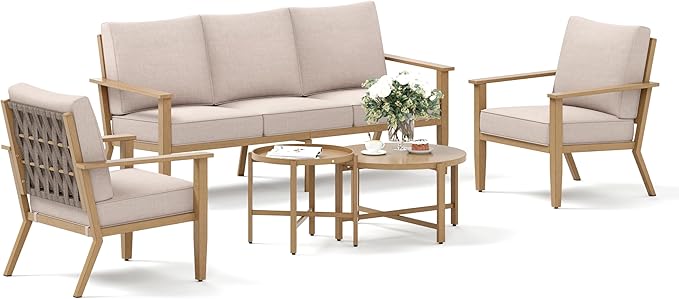 Patio Conversation Set,5 Pcs Metal Outdoor Furniture with 3-Seater Sofa,2 Single Chairs,Metal Nested Table and 5.75" Extra Thick Cushion for Lawn Garden Backyard,Beige