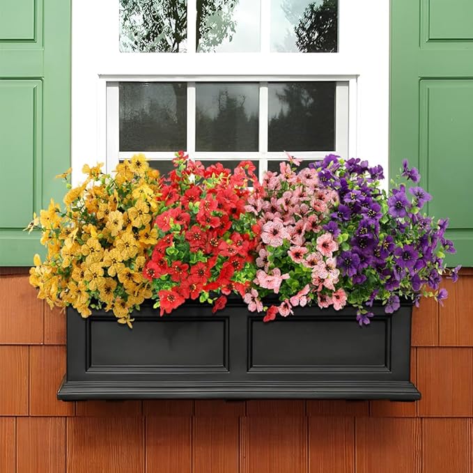 Artificial Fake Flowers Outdoor Spring Summer Decoration, 16 Bundles Faux Eucalyptus Violet Realistic UV Resistant for Outside Home Planter Porch Patio Yard Decor (Red Eucalyptus)