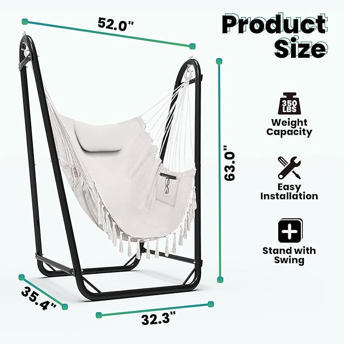 Hammock Chair with Stand,Heavy-Duty Hanging Chair with Stand, for Indoor Outdoor,Sturdy Swing Chair Stand Max Load 350 pounds(Hammock Chair Included)