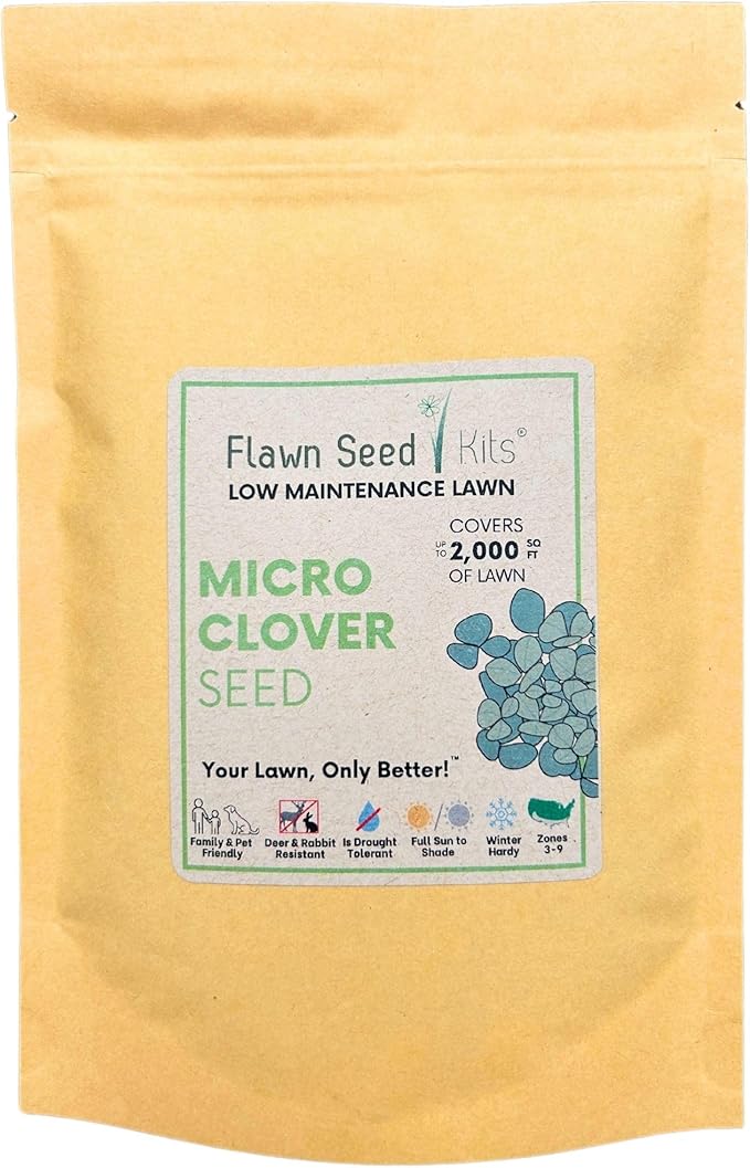 Flawn Seed Kits 8.8 oz Micro Clover Seed, Organic Coated, Eco-Friendly, Low Growing, Low Maintenance, Lawn Alternative, Kraft Zipper Pouch, Covers up to 2000 Sqft