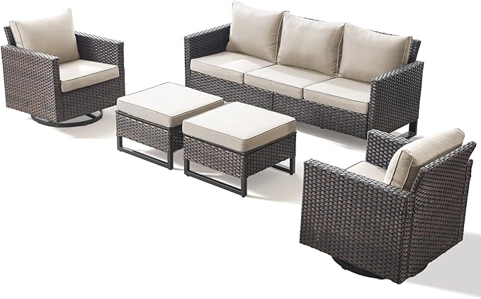 5 Pieces Patio Furniture Sets-High Back Outdoor Wicker Chairs with Sectional Sofa and Comfy Ottomans All Weather Patio Conversation Set for Porch Deck Garden Backyard(Brown/Beige)