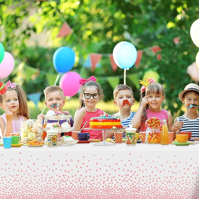 2 Pack White and Pink Dot Tablecloth, Pink Plastic Table Cloths for Parties Disposable, 54x108 in Waterproof Rectangular Camping Tablecloth for Birthday Party Baby Shower Picnic Valentines