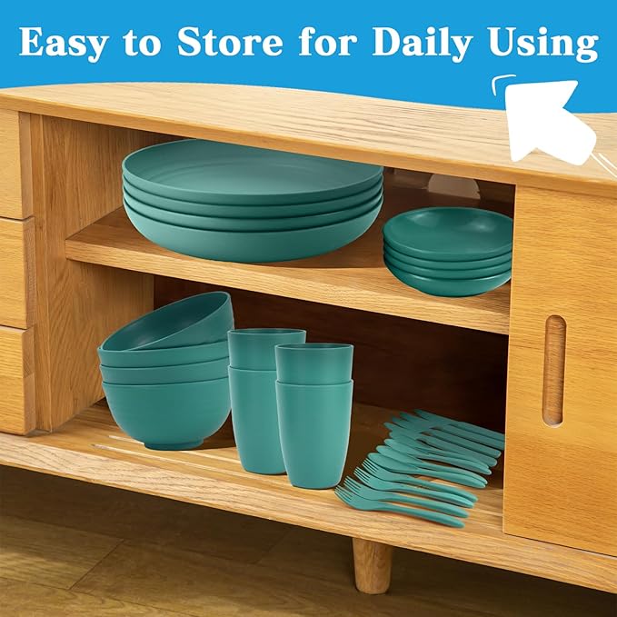 Wrova wheat straw bowls,plates,cups and cutlery sets 28 pcs - Dishwasher safe dish sets for kitchen, camping, indoors and outdoors.Green