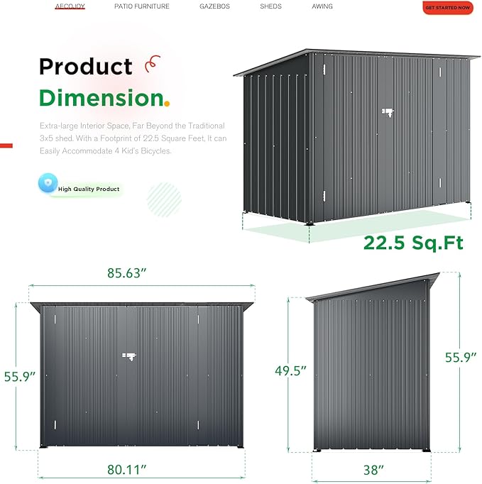 AECOJOY 7x3 Lean to Shed, 3x7 Outdoor Bike Sheds & Outdoor Storage Clearance, Small Lean to Metal Storage Shed, Outdoor Storage Cabinet Weatherproof for Bikes in Dark Grey