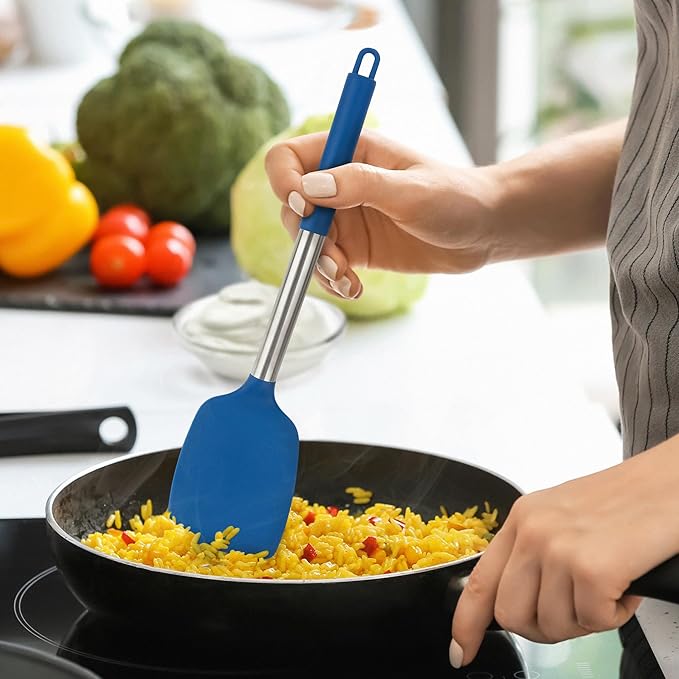 4 Pack Silicone Utensils Set, Non Stick Solid Spatulas, Heat Resistant Blue Slotted Spoons with Stainless Steel Handle, BPA Free Cooking Turner for Stir-Fry, Frying, Mixing, Serving,Draining,Turning