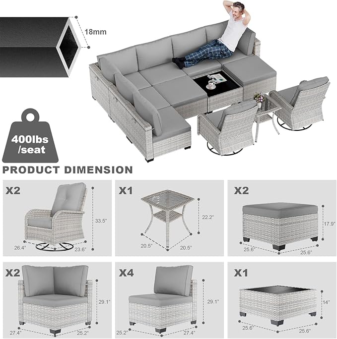 12-Piece Patio Furniture Set, Outdoor Patio Furniture with Swivel Chairs Set, Ottomans, Modular Patio Sofa, Dual-Strand Wicker Rattan, Rust-Resistant Frame, Grey