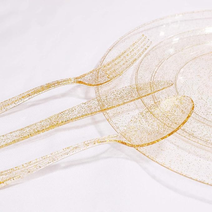 WELLIFE 300PCS Gold Glitter Plastic Plates, Gold Plastic Dinnerware Includes: 50 Dinner and 50 Dessert Plates, 150 Cutlery, 50 Cups for Party