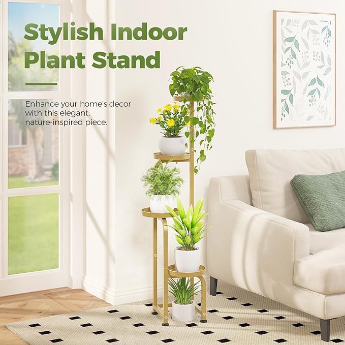 Bamworld Corner Plant Stand Indoor Outdoor, Tall Metal Flower Pot Stands for Multiple Plants, 4 Tier Gold Heavy Duty Plant Shelf for Patio Garden Balcony Living Room Bedroom(Patent Design)