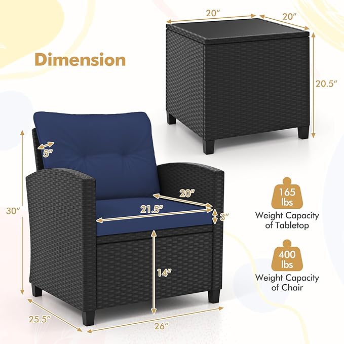 HAPPYGRILL 3 Pieces Wicker Patio Conversation Set, PE Rattan Bistro Sofa Set with Tempered Glass Coffee Table, Washable Cushions, Outdoor Furniture Set for Garden Poolside Balcony (Navy)