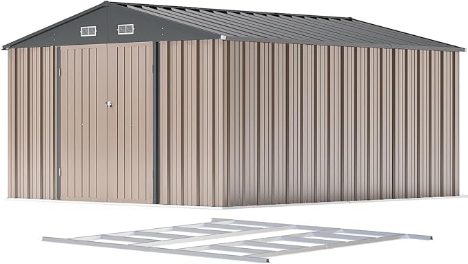Patiowell 10 x 12 FT Metal Storage Shed for Outdoor with Floor Frame, Steel Yard Shed with Design of Lockable Doors, Utility and Tool Storage for Garden, Backyard, Patio, Outside use,Brown